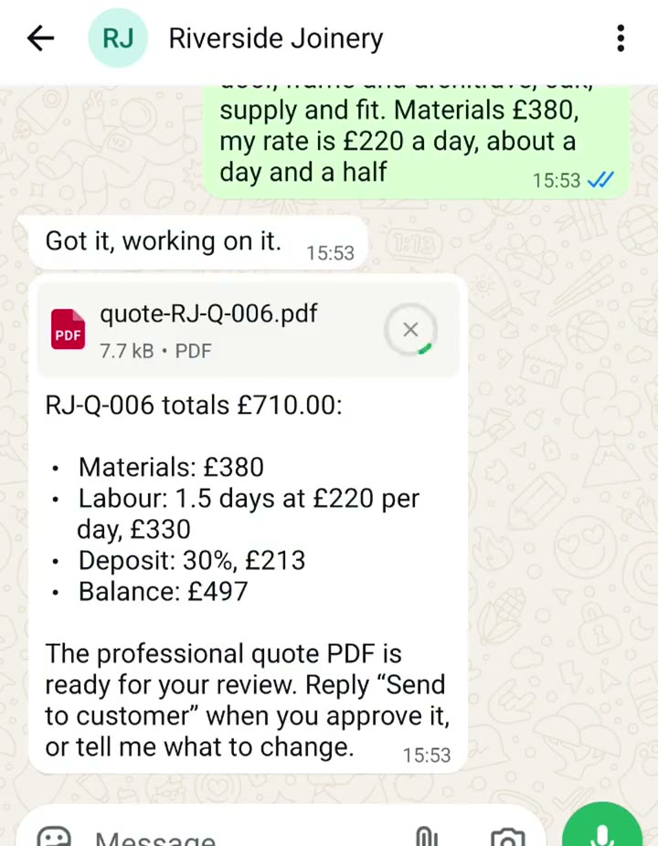 WhatsApp screenshot: Qenn replies to a door job with a quote PDF and its total